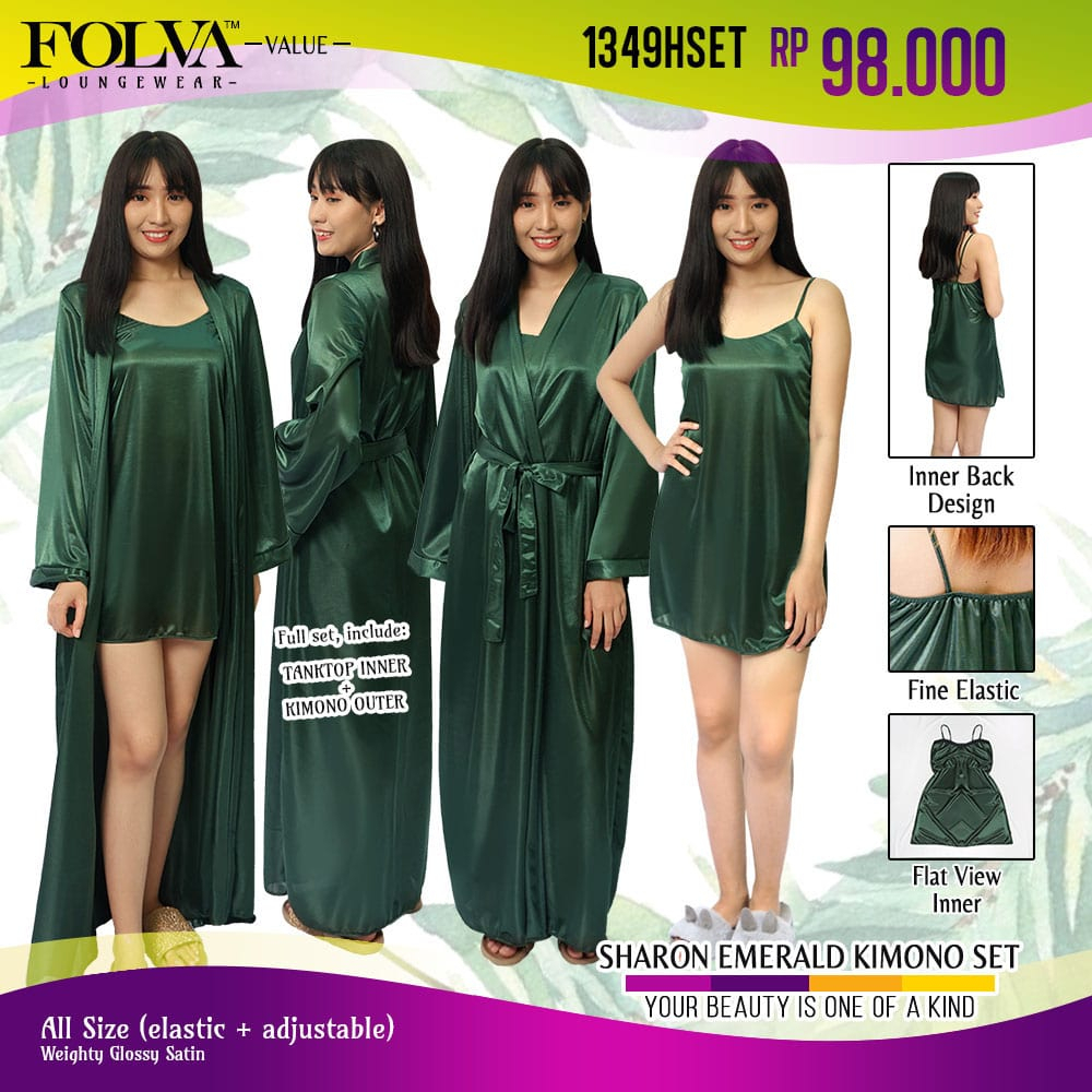 FOLVA kimono set baju tidur satin 1349HSET hijau all size