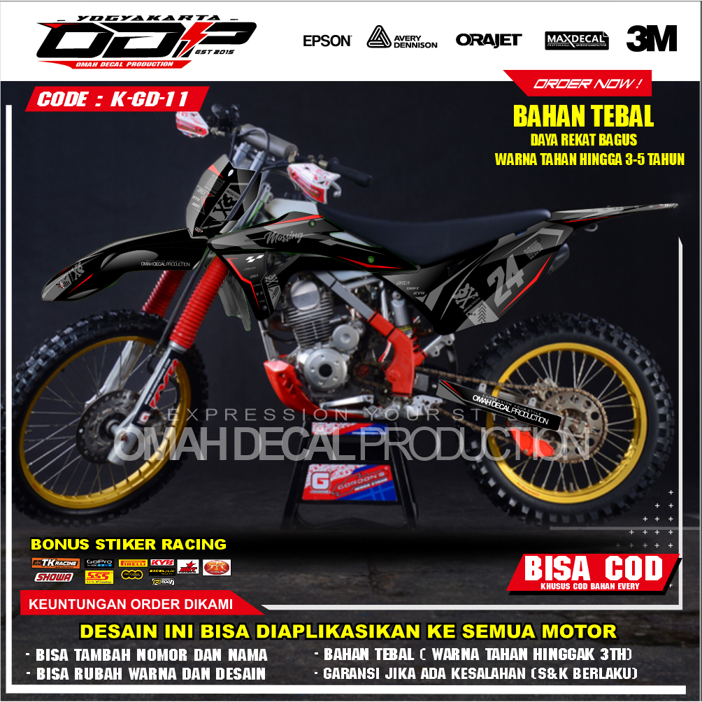 DECAL GORDON FULL BODY AKSESORIS VARIASI STICKER MOTOR KAWASAI KLX GORDONS DEKAL MOTIF SUPERMOTO STI