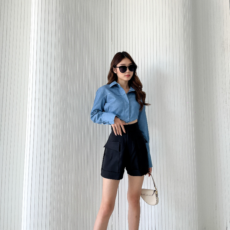 Vivien Denim Longsleeve Top / Kemeja Denim / Crop Top Casual / Blouse Korean