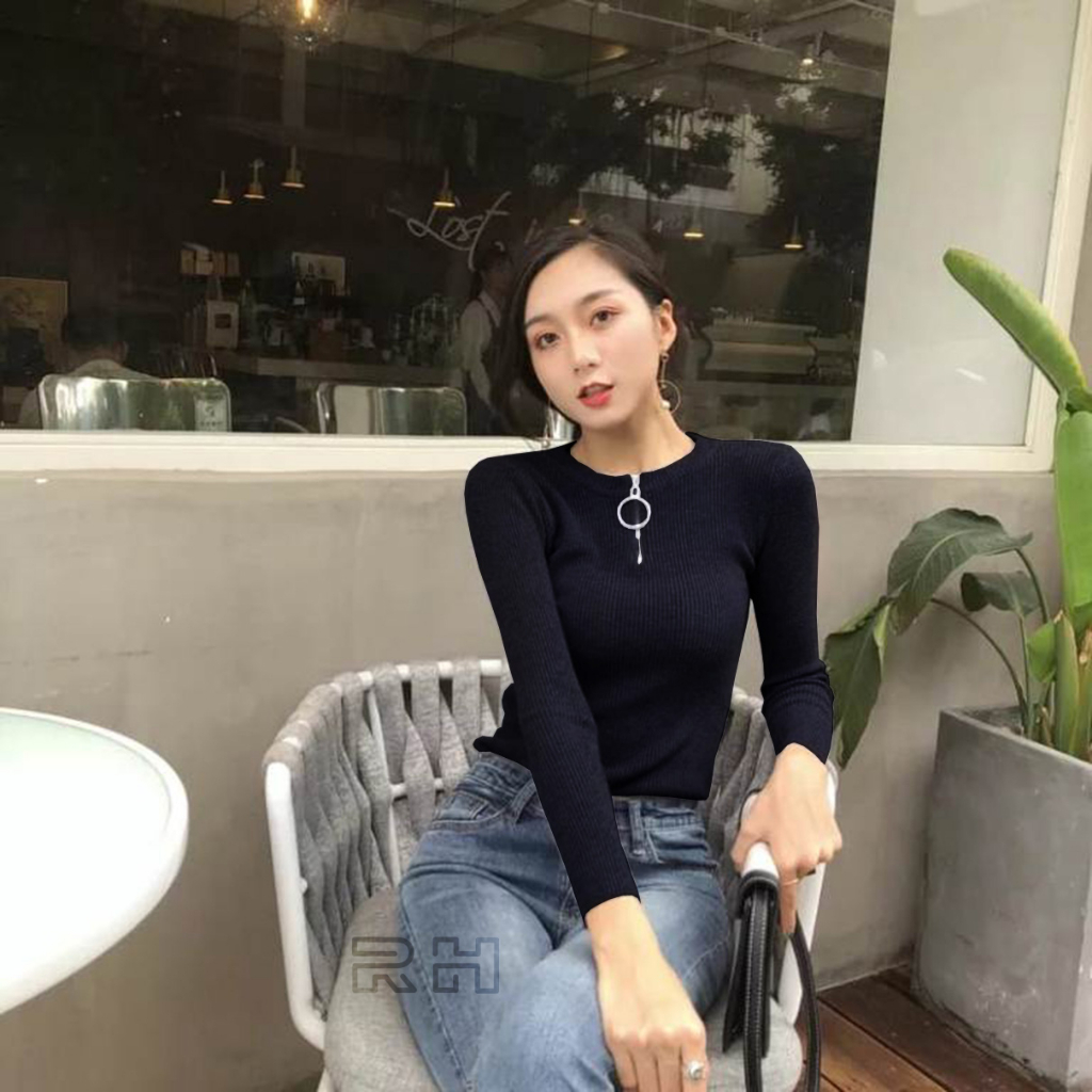 RH - Baju rajut sweater resleting salur kerah oblong zipperr streatch polos crewneck wanita