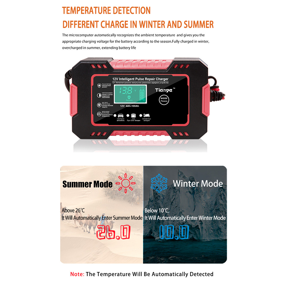 RJTianye Charger Aki Mobil Lead Acid Smart Battery Charger 12V 4-100Ah - RJ-C120501A - Red
