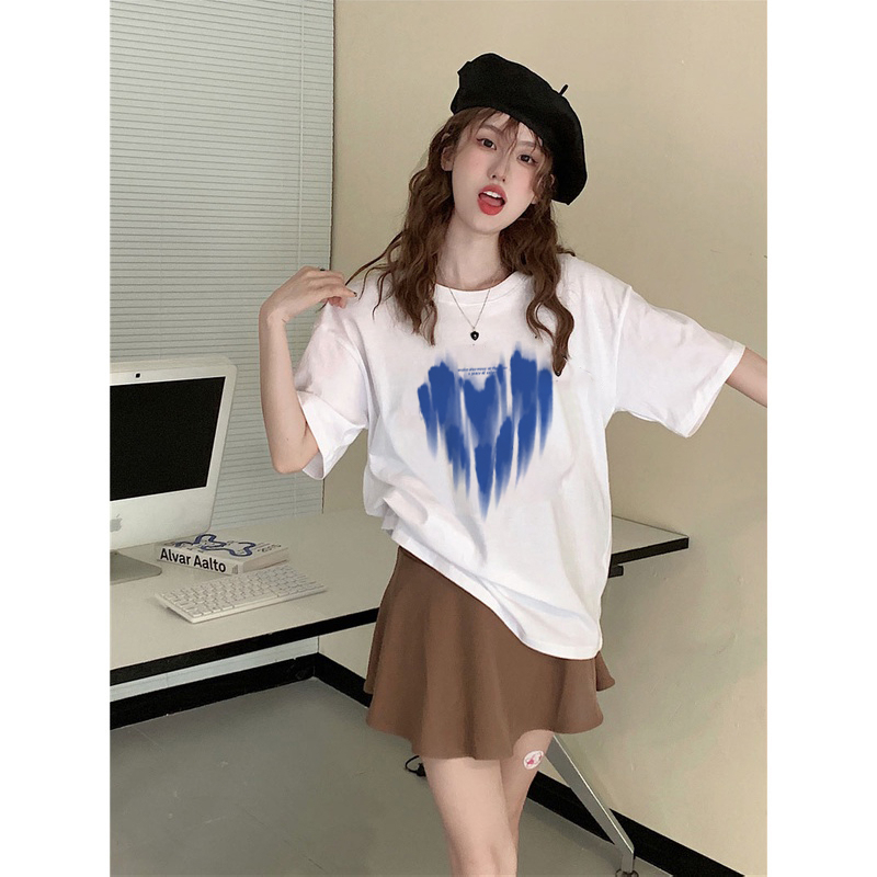 100%  Katun Heart Kaos Lengan Pendek Cream Atasan Wanita Oversize Printed T-shirt Kekinian Korean Style/kaos import wanita jumbo