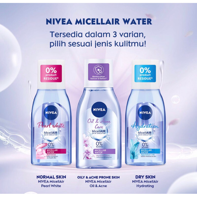 Nivea Pearl Bright / Oil and Acne Care / Hydration Micellair Skin Breathe Micellar Water 125ml / Cairan Pembersih Make Up / Waterproof Makeup Remover