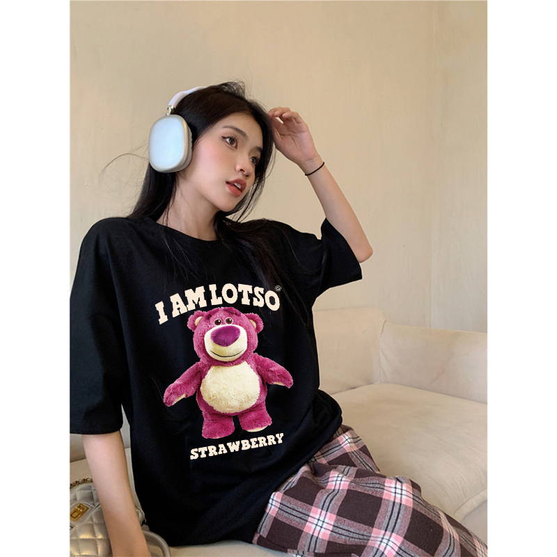 Kaos couple American Vintage Strawberry Bear Pattern printing Overszie T-shirt baju kaos wanita/Kaos Lotso Toy story Washed | Baju ToyStory Oversized