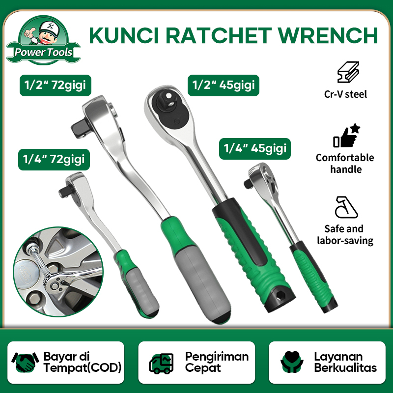 ISKU Gagang Ratchet Wrench 45 72 Gerigi 3/8 1/2 inch Chrome Vanadium Rubber Rachet Handle Gagang Kunci Stang Sok Multifungsi Alat Perkakas Bengkel Car Repair Tool