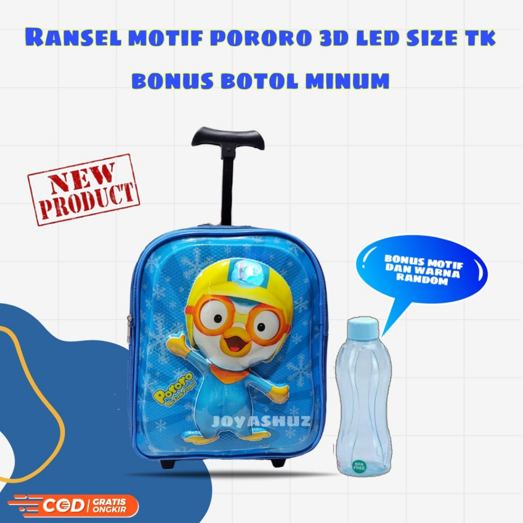 Tas Troli Anak Laki Laki Karakter Pororo Gratis Bonus - Ransel Anak Laki-laki - Ransel Troli Anak TK - Troli Pororo - Tas Gratis Botol -  Tas Sekolah Anak Troli - Pororo - Tas Dorong Pororo - Joyashuz