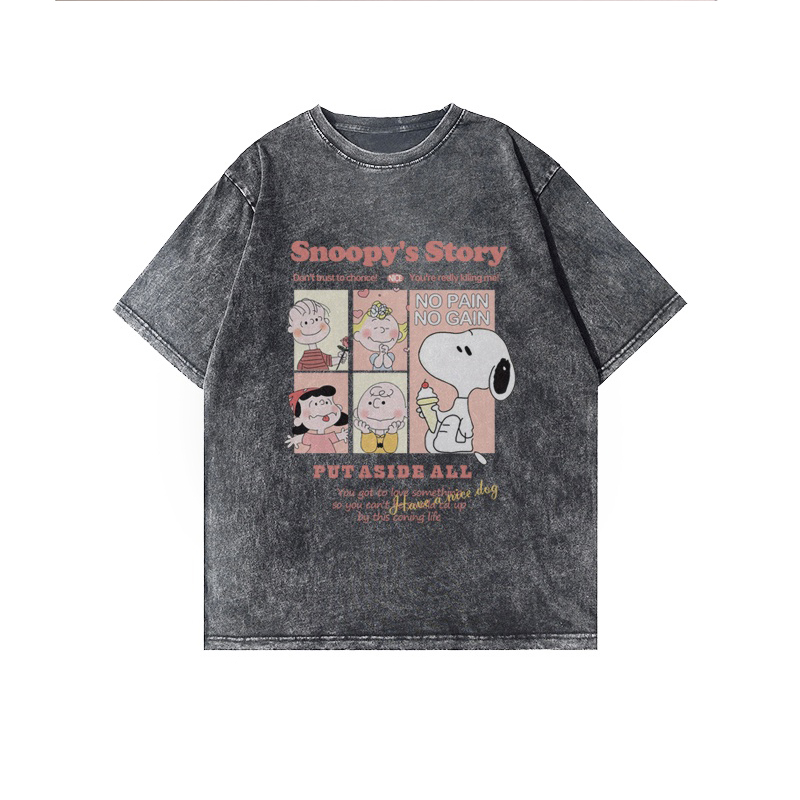 Kaos Oversize Wanita Import Retro Lengan Pendek Snoopy Cartoon Motif Printed T-shirt Washed Premium Kaos Wanita Kekinian