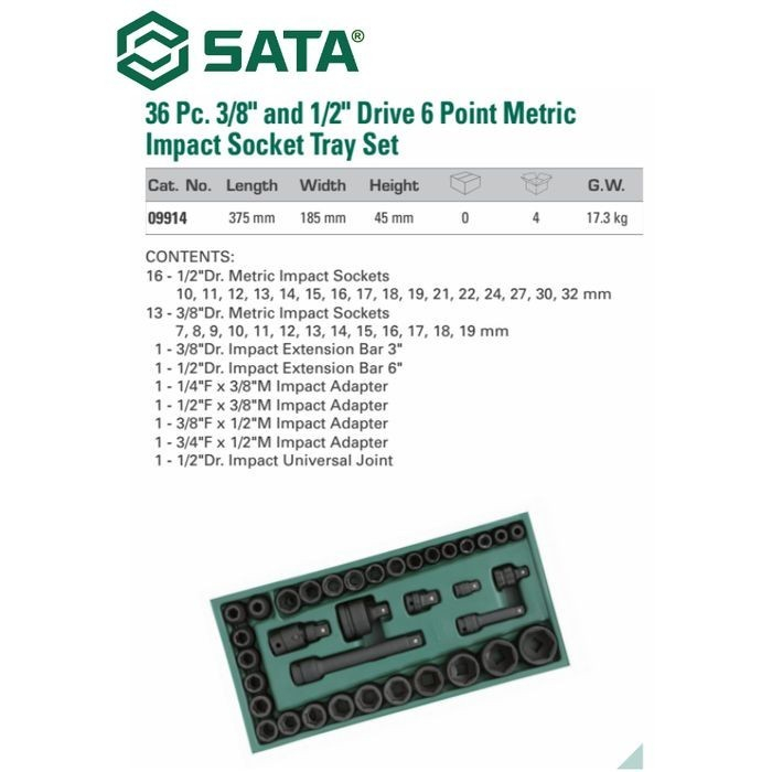 SATA Kunci Impact Socket Tray Set 36 Pcs 3/8 Inch &amp; 1/2 Inch 09914