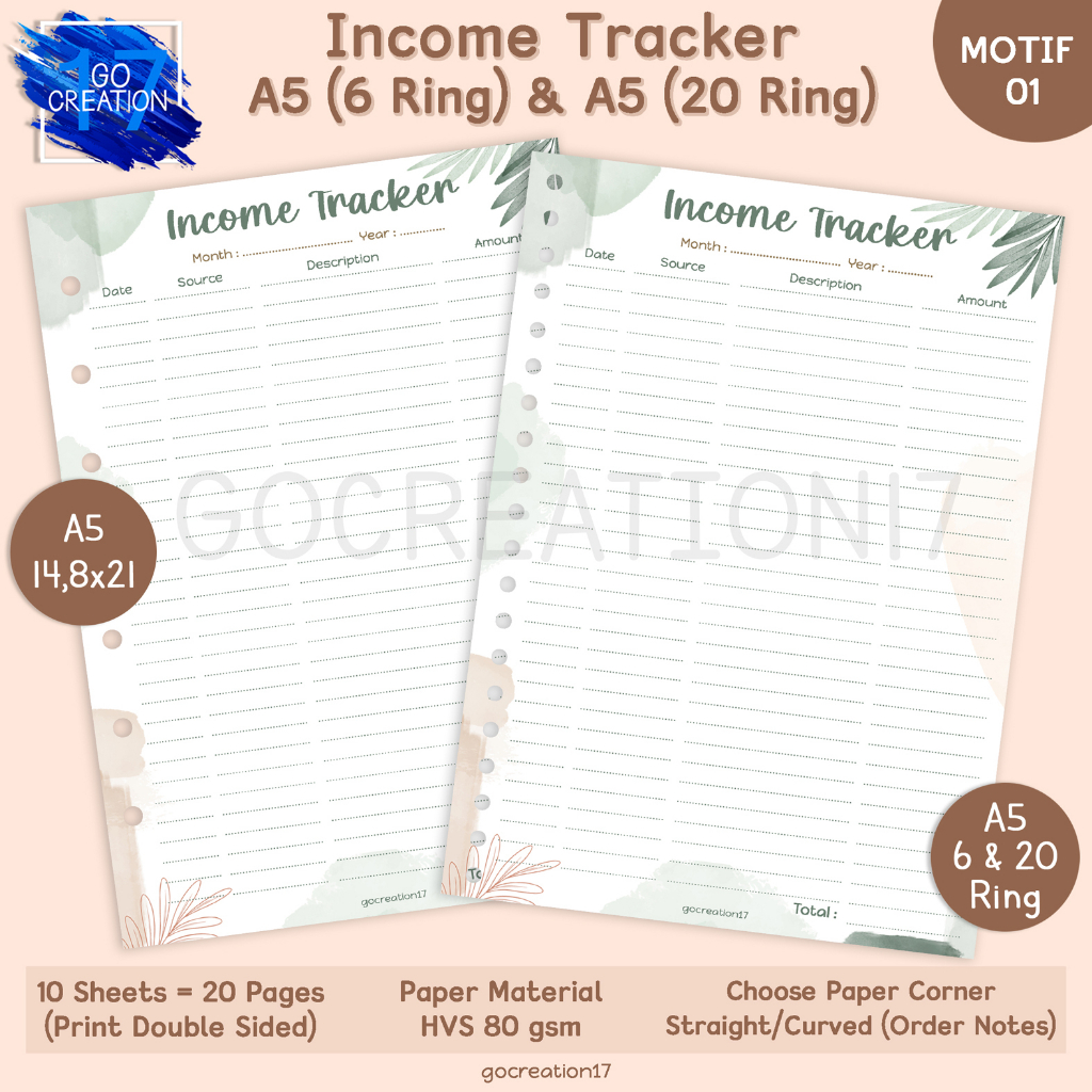 

Kertas Planner Isi Binder Income Tracker Motif Premium A5