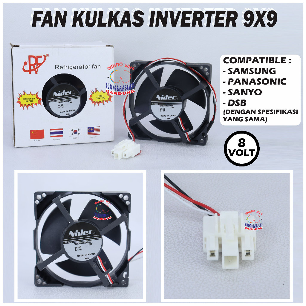 FAN KOTAK SANYO INVENTER DC 8V 9X9 NIDEC | MOTOR FAN KULKAS DC 8V | DINAMO FAN KULKAS  8 VOLT