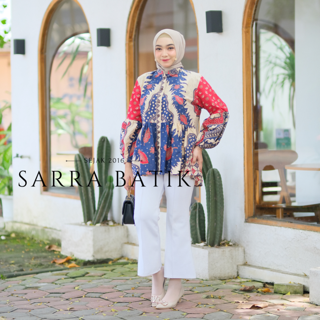 PREMIUM Blus Kasmaran Daun Batik Modern Atasan Kerja Kantoran Kekinian Baju Rempel Busui Friendly Triball Warna Klasik Lengan Lonceng