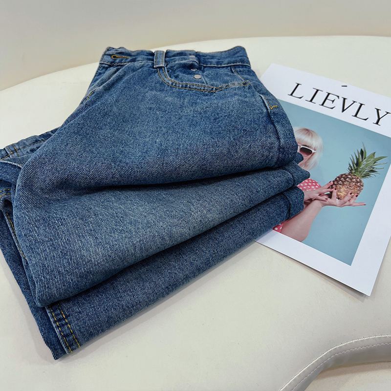 Celana Jeans Wanita High Waist Korean Style Loose Celana loose Blue gelap Jeans