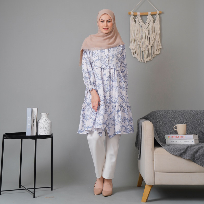 KINAKIA Tunic Panjang Atasan Muslim Tunik dengan Motif Bunga Tunik Crinkle Ivy Tunic