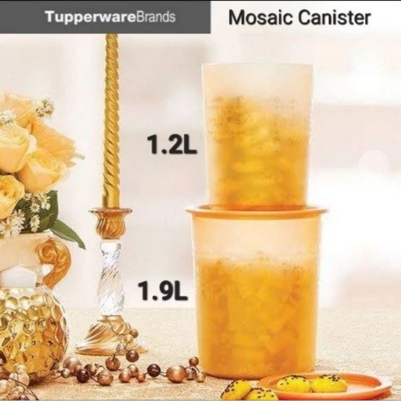 Tupperware Small Mosaic Canister Set (2 Pcs) Gold / Toples One Touch Fitur Snack Susu Cemilan