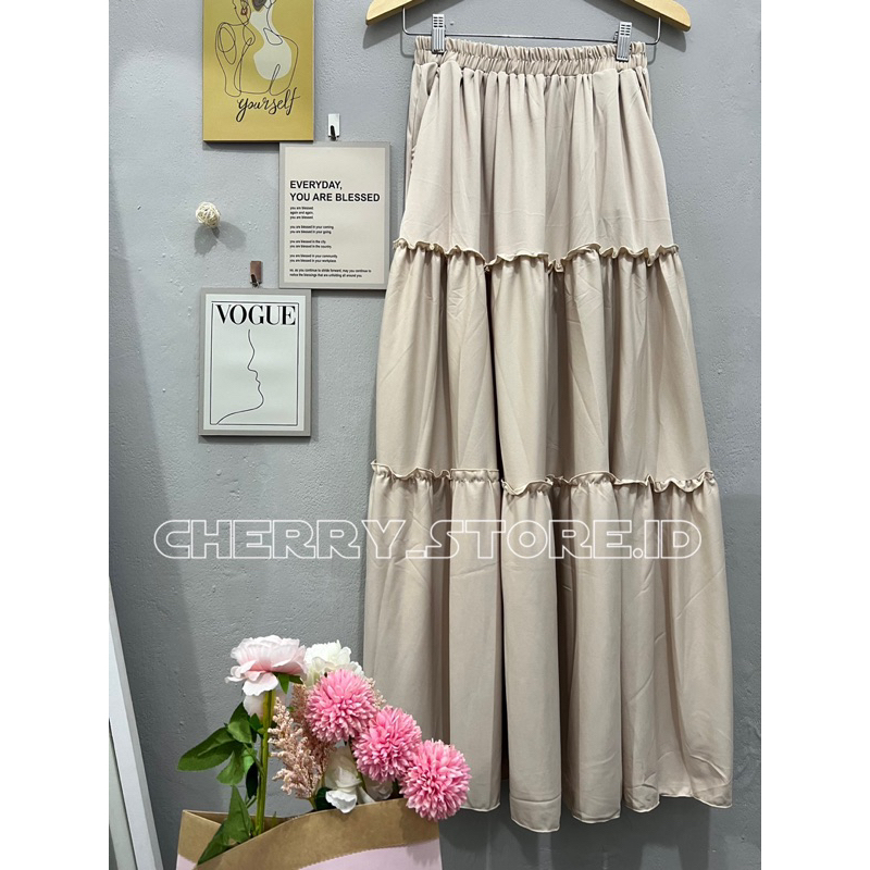 Cherry_ rok rempel beraksen 3 susun | ruffle long skirt korean style | rok panjang wanita