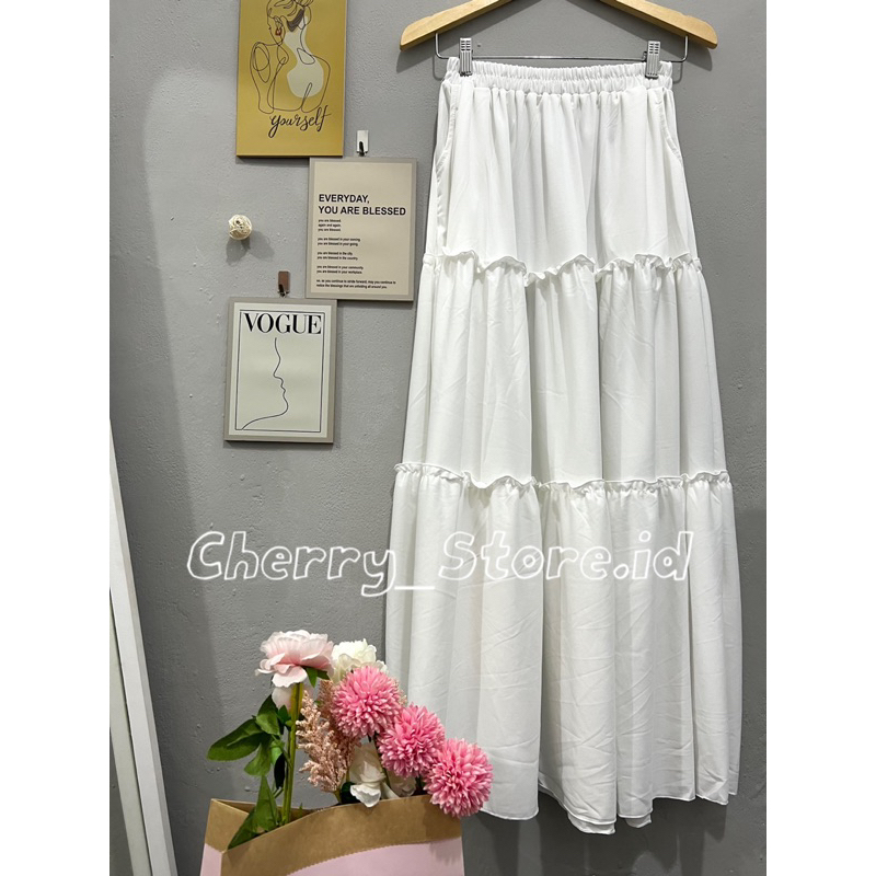 Cherry_ rok rempel beraksen 3 susun | ruffle long skirt korean style | rok panjang wanita