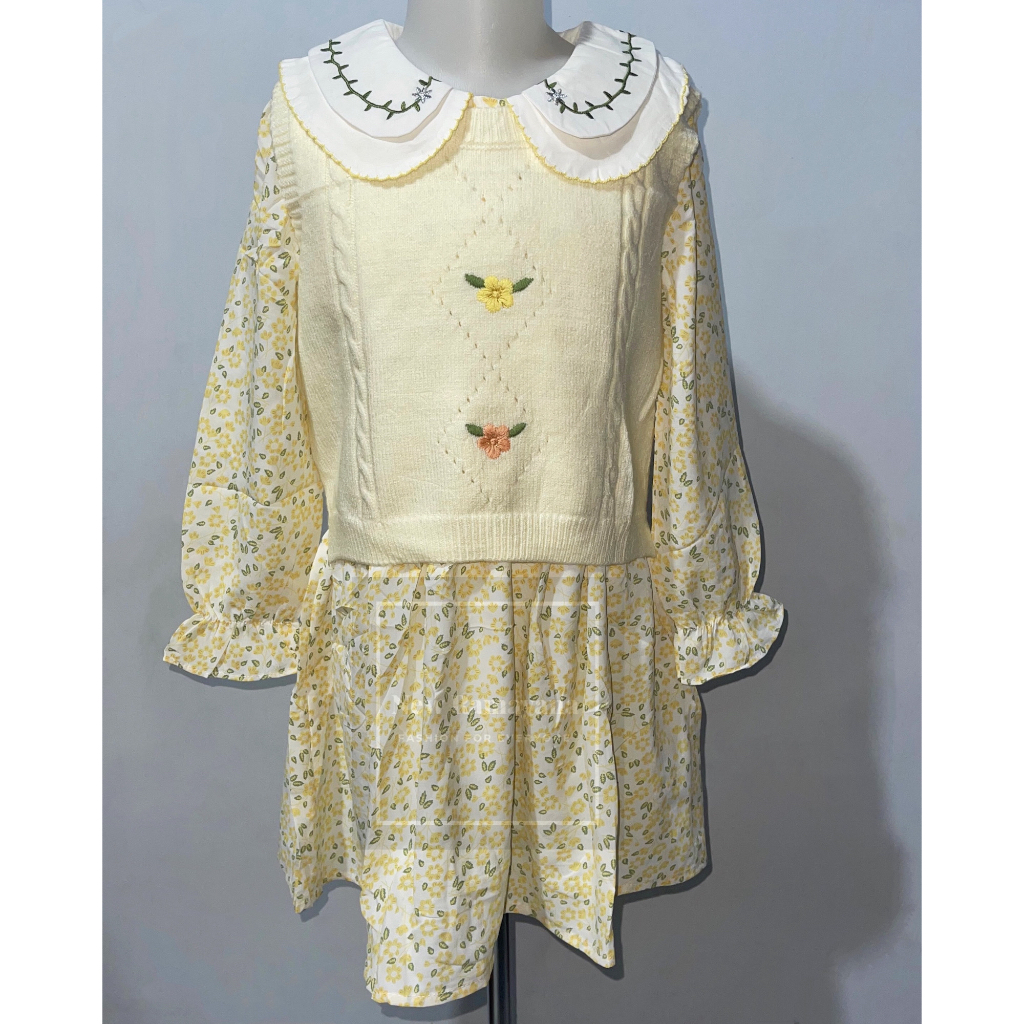 Dress Anak Set Rompi Rajut Cardigan Korea Motif Full Bunga Sifon Import