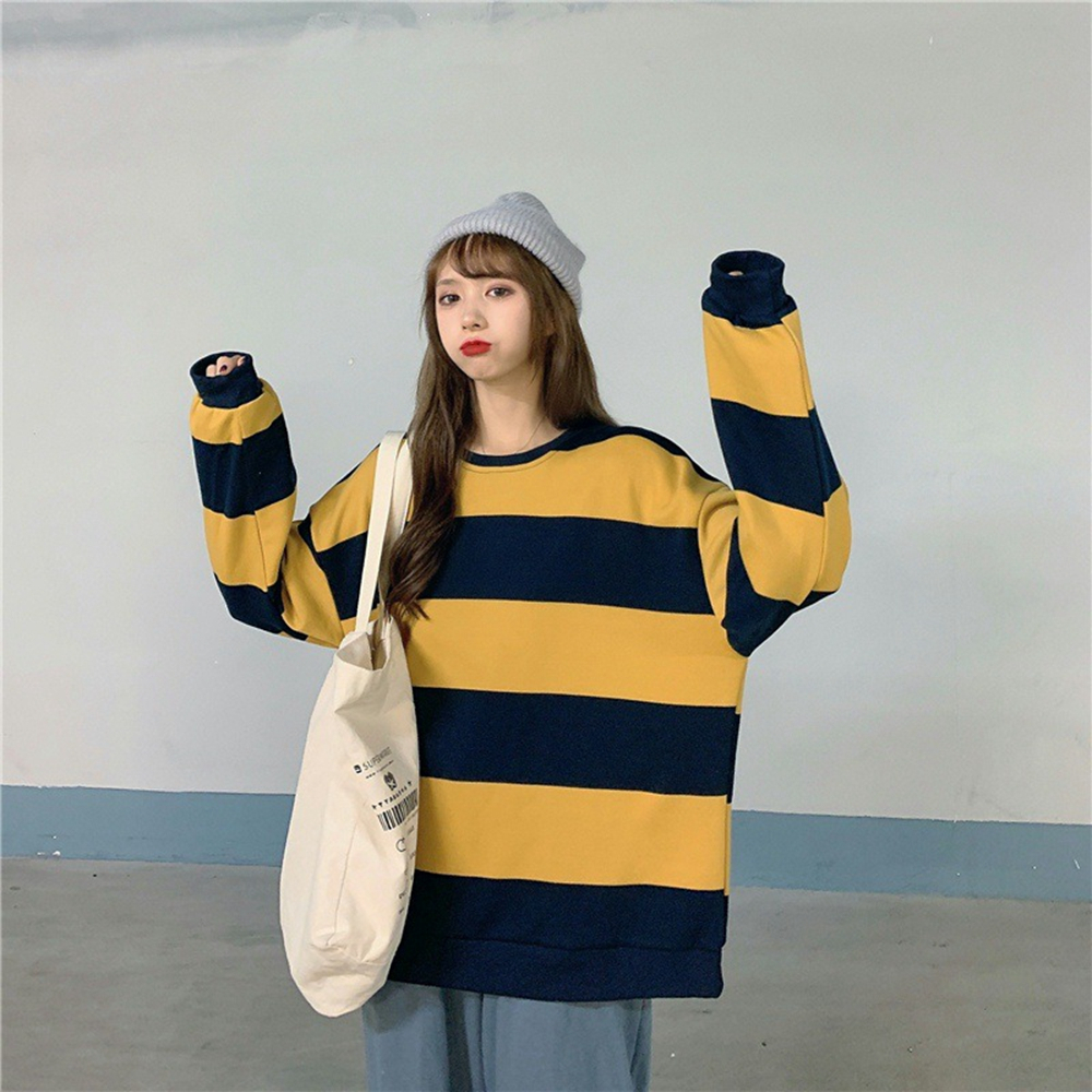 BEARYJEANS Korean Sweater Oversize Streetwear Hoddie Wanita Lengan Panjang Bergaris Vintage Premium Import - BJ072