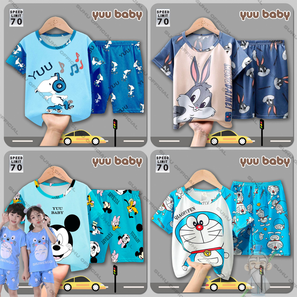 YUU BABY Setelan Anak Kaos IMPORT / Stelan Bayi Perempuan / Set Baju + Celana Pendek Anak Cowok Cewe