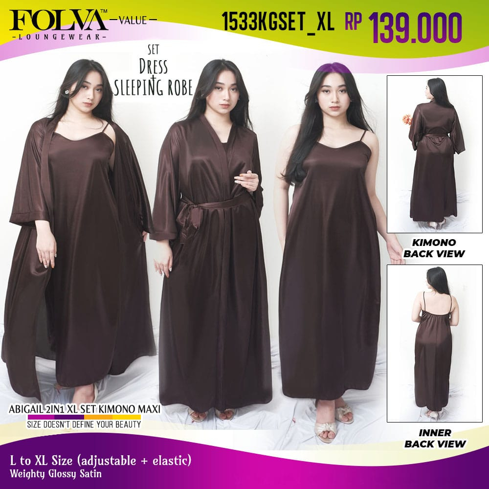 FOLVA kimono panjang set lingerie satin 1533KGSET_XL coklat big size