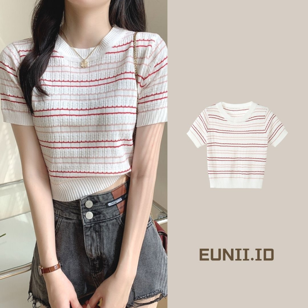 EUNII Korean Style Kaos Rajut Putih T-shirt Lengan Pendek Wanita Knit Baju Atasan