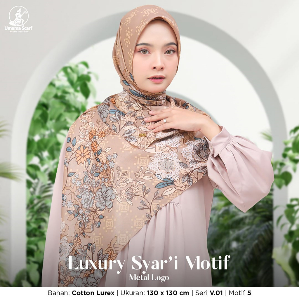 Jilbab Segiempat Syari  LUXURY PRINT Motif UMAMA LC 130 x 130 cm  kode SE metal logo bahan Cotton Lurex Glamour original PREMIUM