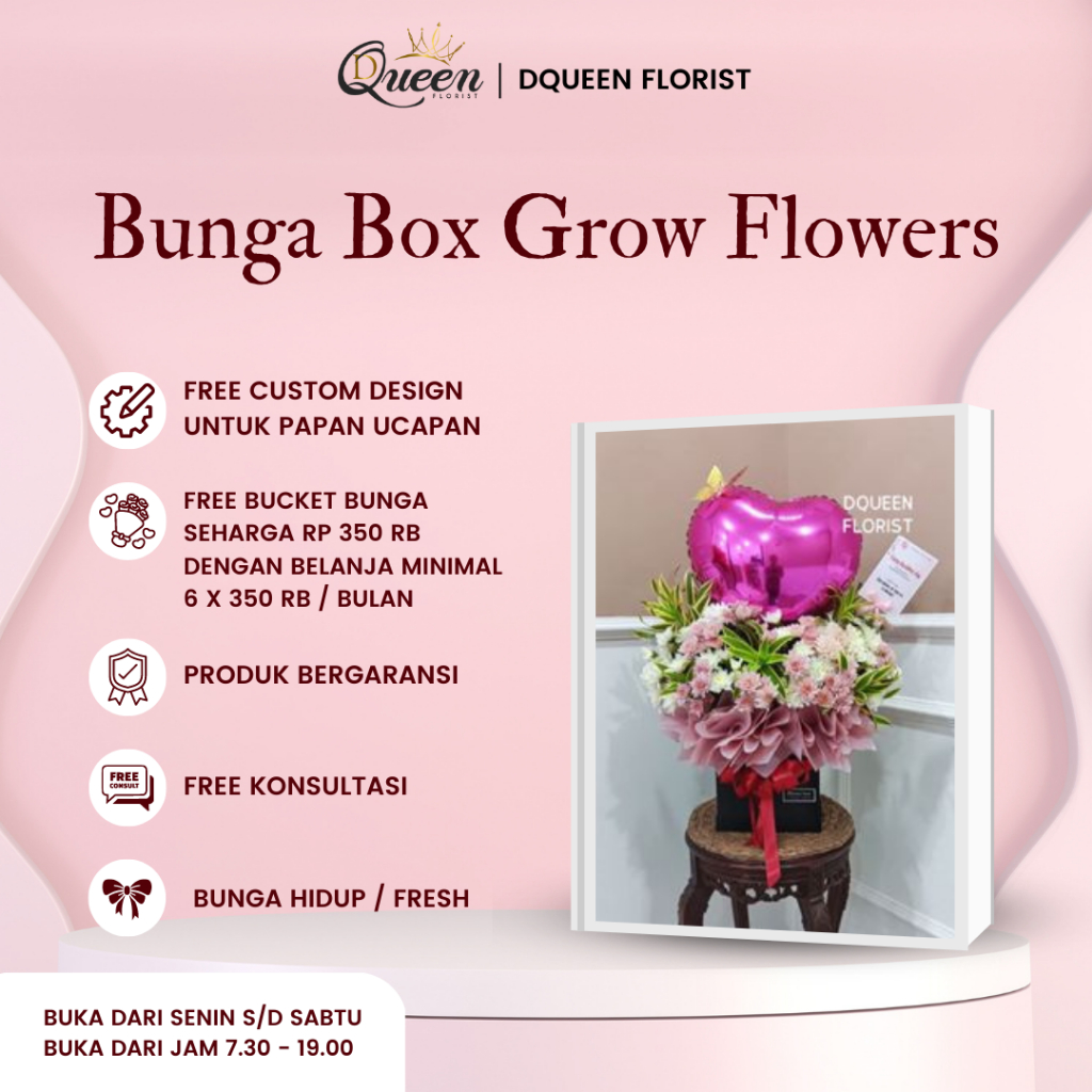 Bunga Box Grow Flowers Bloombox Flower Kotak Bucket Buket Kado Hadiah Ulang Tahun Happy Birthday Wedding Lamaran Anniversary Wisuda Natal Bunga Asli Plastik Balon