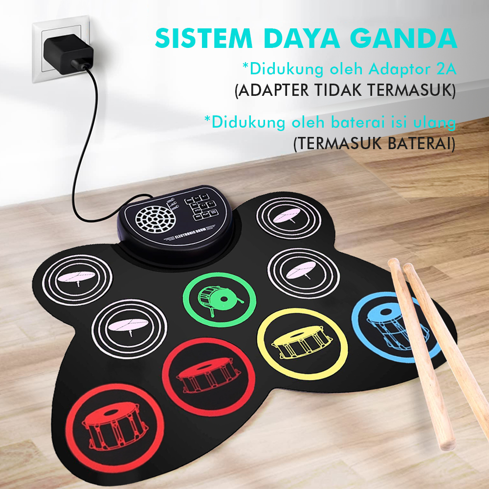 Drum Elektronik Berwarna-Warni Dengan Klakson Drum Elektronik Lipat Portabel Drum Elektronik Silikon Gulung Tangan Drum Set Anak-anak Berlatih