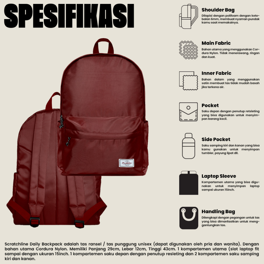 Scratchline Daily Backpack Maroon Tas Ransel Unisex