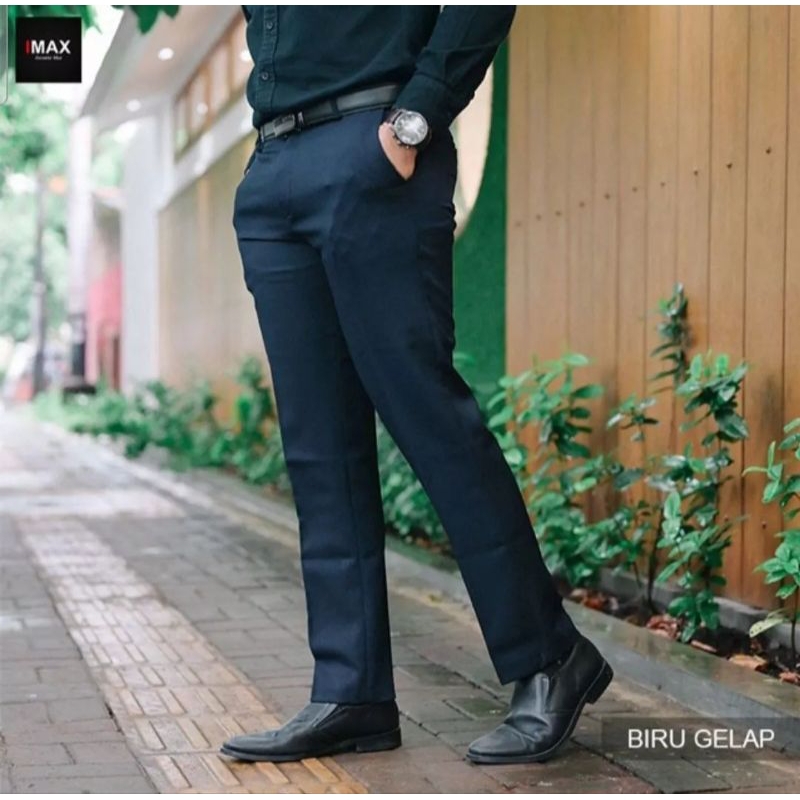 Celana bahan formal kerja kantor pria hitam panjang slimfit