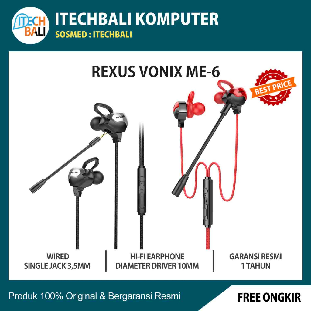 EARPHONE GAMING REXUS VONIX ME-6 Dual Microphone Original | ITECHBALI