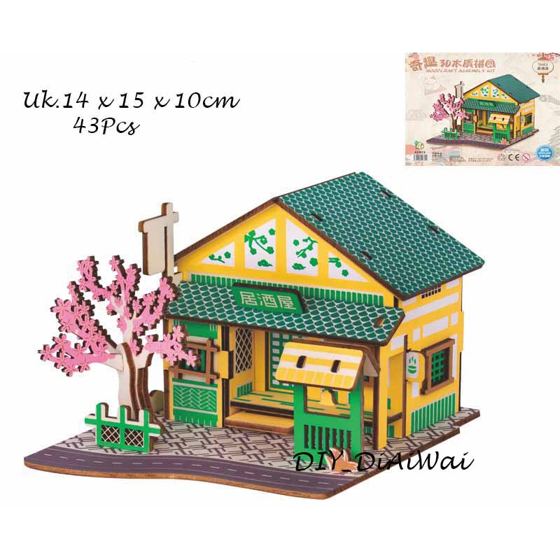 Puzzle 3D DIY bahan kayu rumah jepang Izakaya mainan puzzle edukasi anak (kado &amp; pajangan)