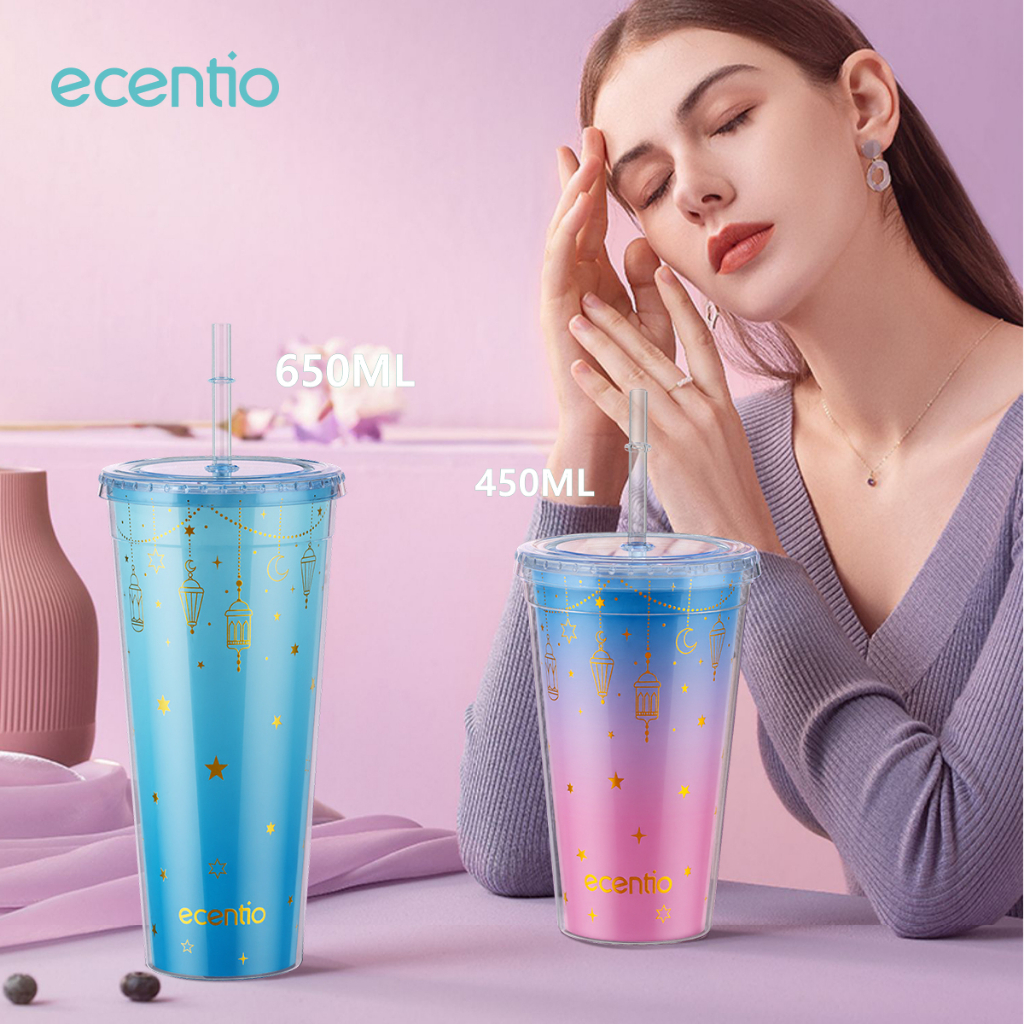 ecentio Tumbler Copi Anti Bocor Mug Coffee Botol Minum Cup Free Sedotan Dan Tutup Hadiah 450ML/500ML