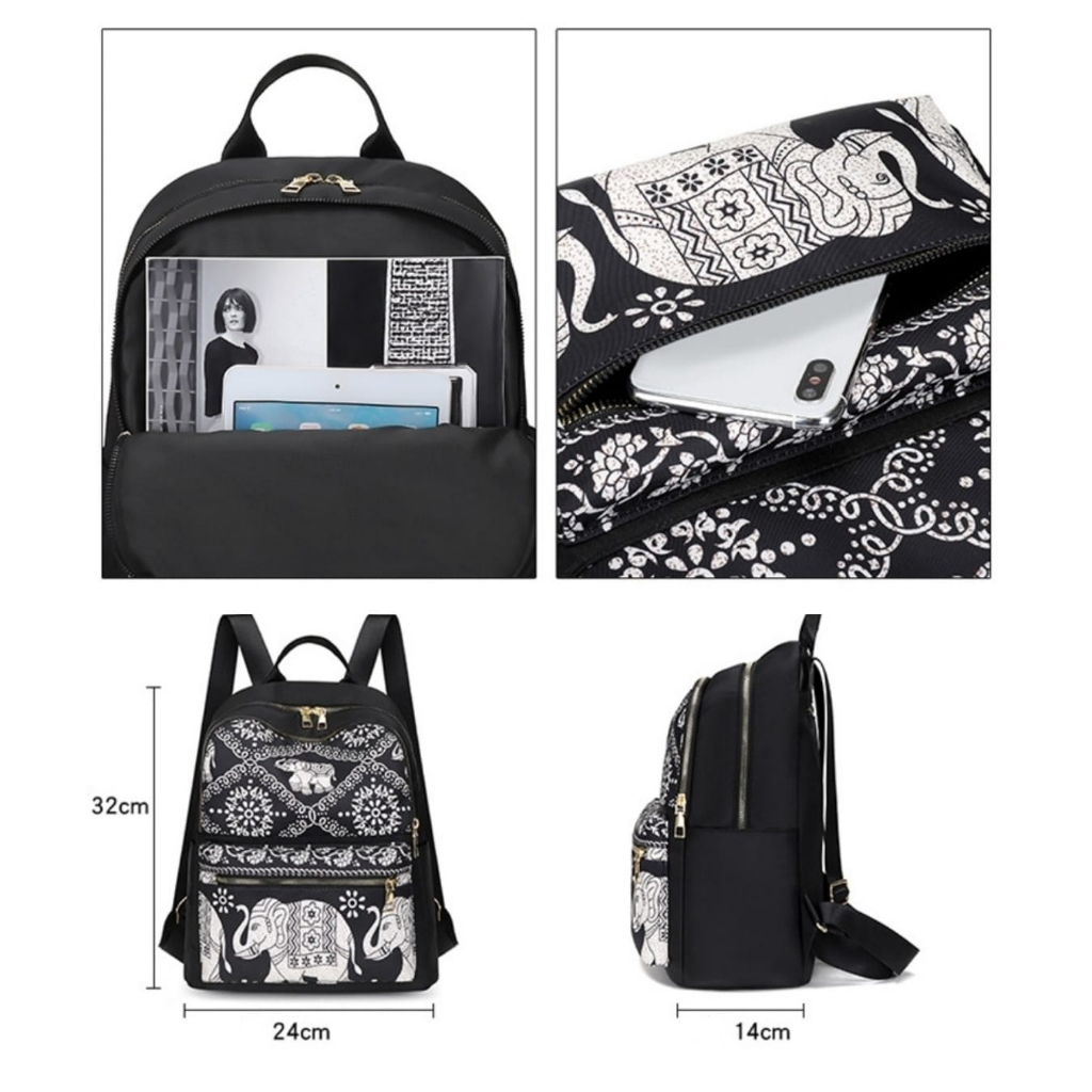 TAS RANSEL WANITA TA795B5 HITAM NORAILA MOTIF GAJAH ANTI AIR BACKPACK PREMIUM KEKINIAN KULIAH KERJA SEKOLAH DEWASA REMAJA SIMPLE TERBARU FASHION KOREA BATAM BRANDED MURAH