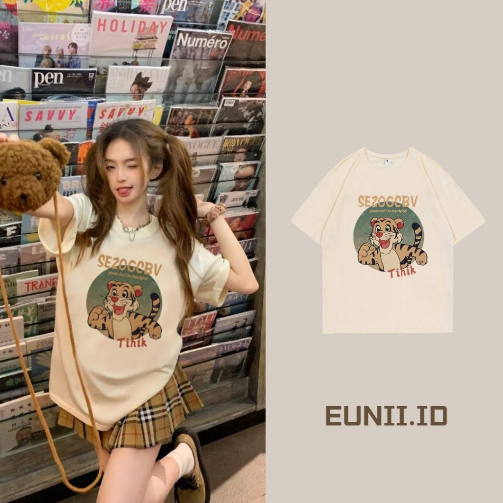 EUNII T-shirt Lengan Pendek Cartoon Tigger Printing Korean Style/Kaos Atasan Wanita/Baju Wanita/Kaos Wanita