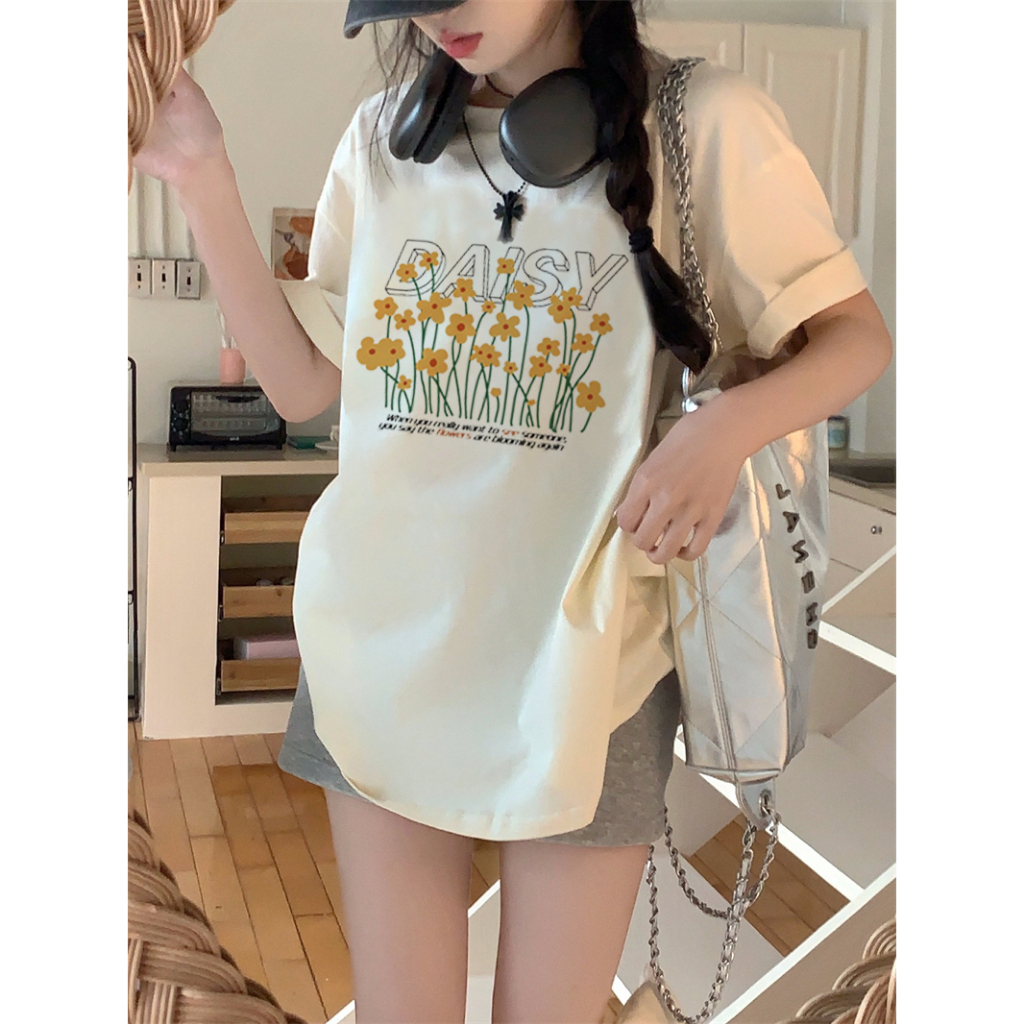 EUNII T-shirt Lengan Pendek Yellow Flowers Printing Korean Style/Kaos Atasan Wanita/Baju Wanita/Kaos Wanita