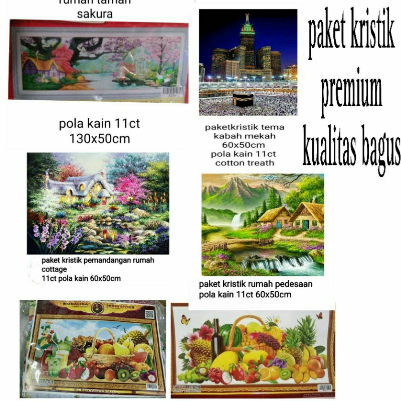 paket kristik pemandangan taman jembatan sakura kabah rumah cottage  buah 11ct pola kain
