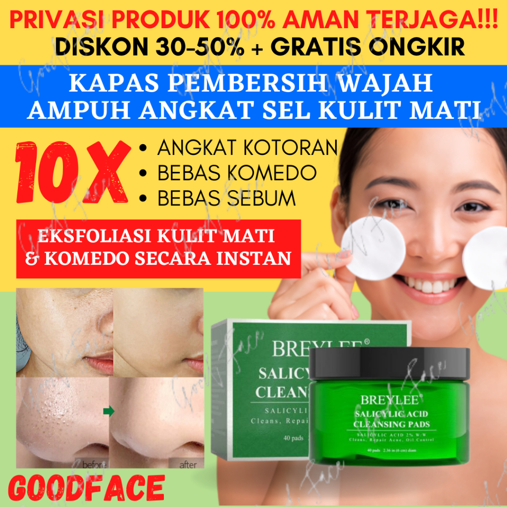 Pembersih Wajah BREYLEE Cleansing Menyamarkan Jerawat &amp; Membersihkan Pori Wajah (40 Pads)