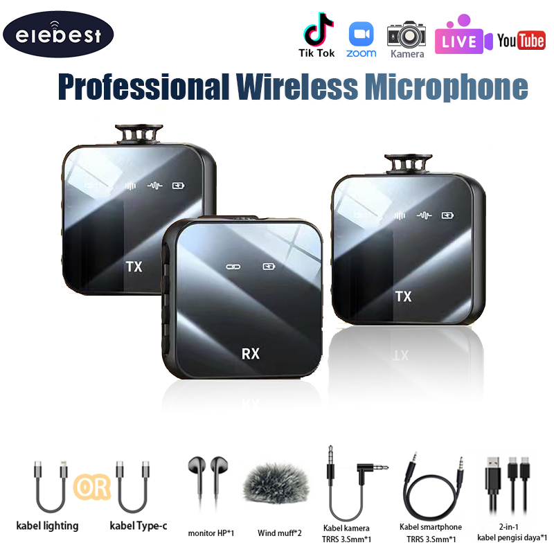 ELEBEST Professional Wireless Microphone ASMR Pembuatan Rekaman Dual Mikrofon Lavalier Mic Mikrofon 