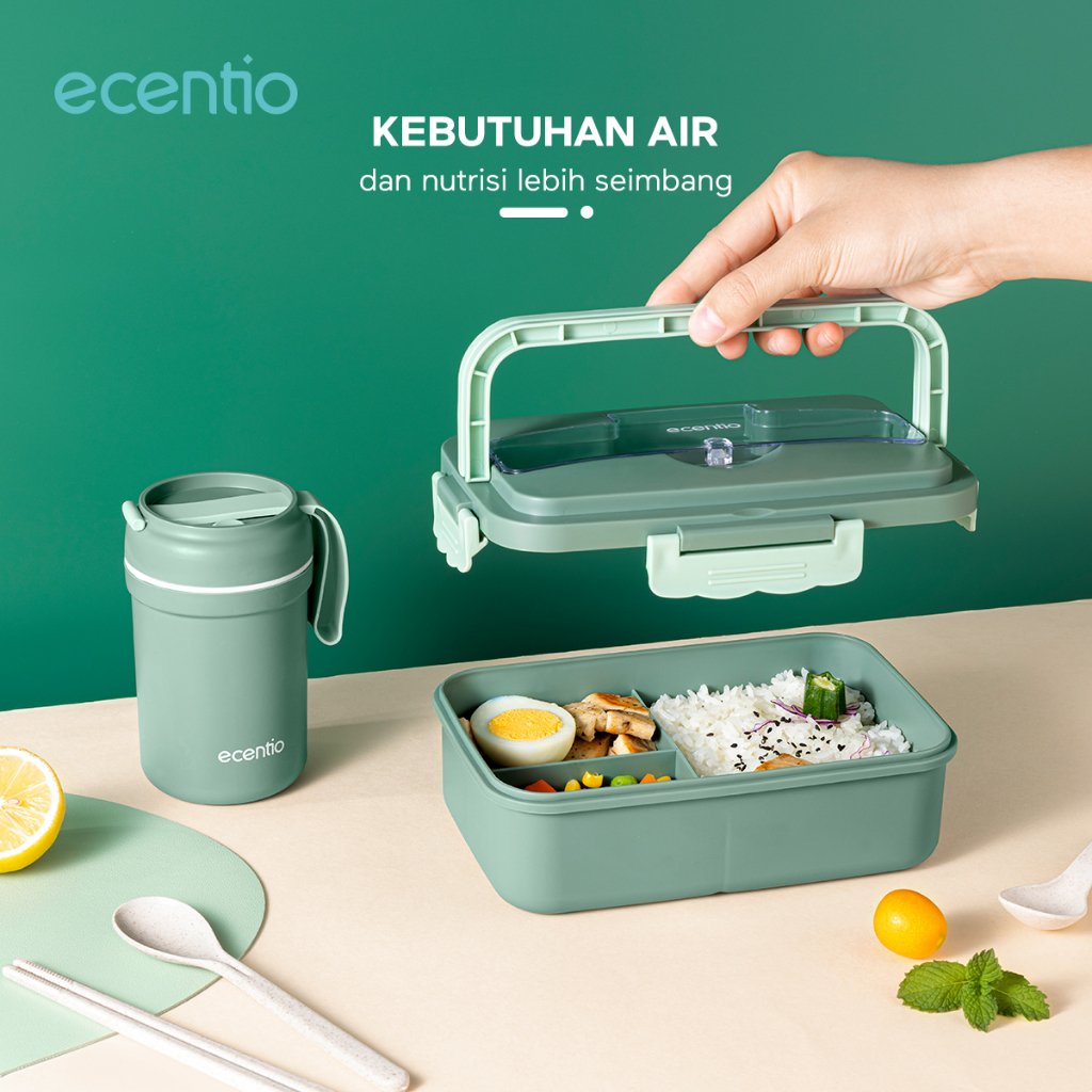 ecentio lunch box set 4 Grid  1000ml+330ml tempat bekal makan dan tempat minum anak kotak makan anti tumpah free sendok