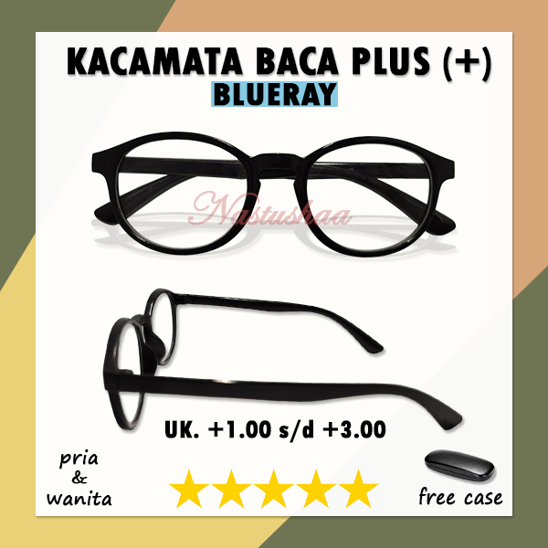 Kacamata Hitam Oval Full Plus (+) Tersedia Ukuran +1.00 s/d +3.00 Lensa Anti Blueray Untuk Pria Dan Wanita (Unisex) Bahan Frame Plastik FREE CASE