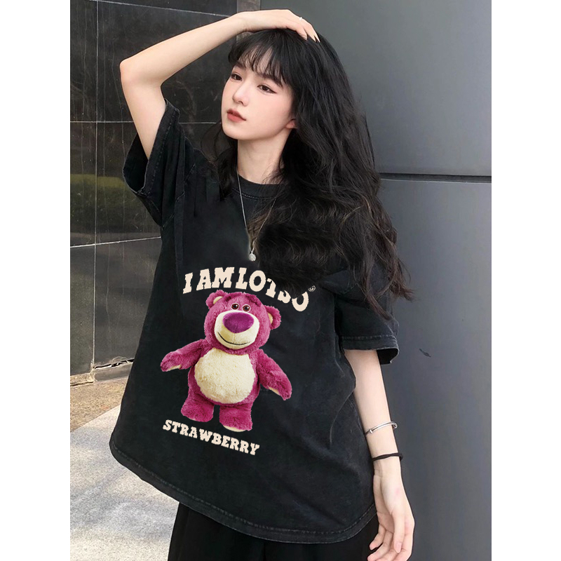 EUNII T-shirt Lengan Pendek Black Washed Cute Strawberry Bear Printing Korean Style/Kaos Atasan Wanita/Baju Wanita