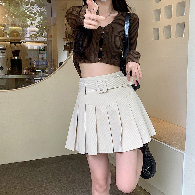 Rok Korean Style Wanita Korduroi Rok Plisket Hitam High Waist Vintage Skirt Mini