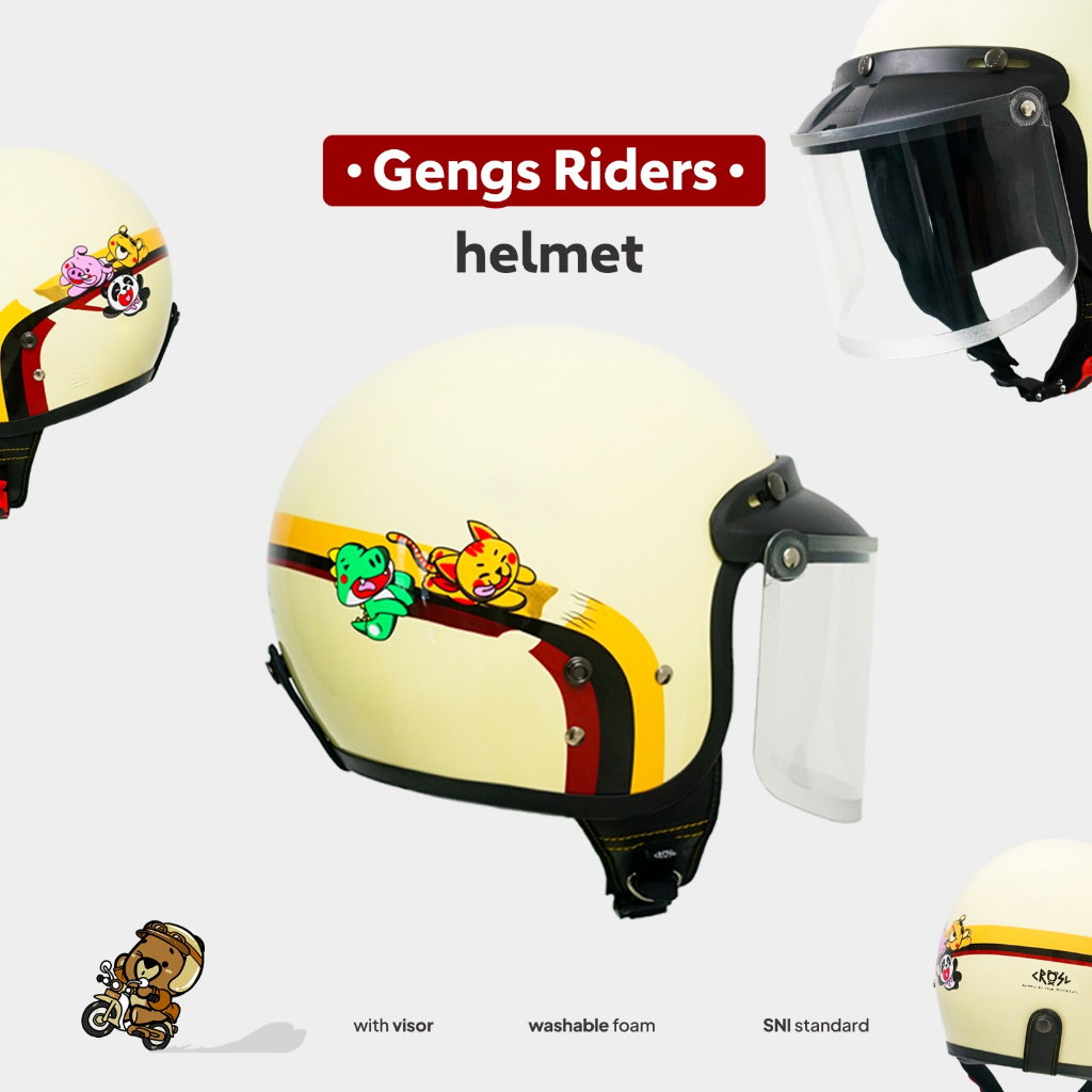 CRSL Geengs Rider Helmet WITH VISOR | Helm Motor dengan kaca | Helm Retro Vintage | Helm Motor Unise