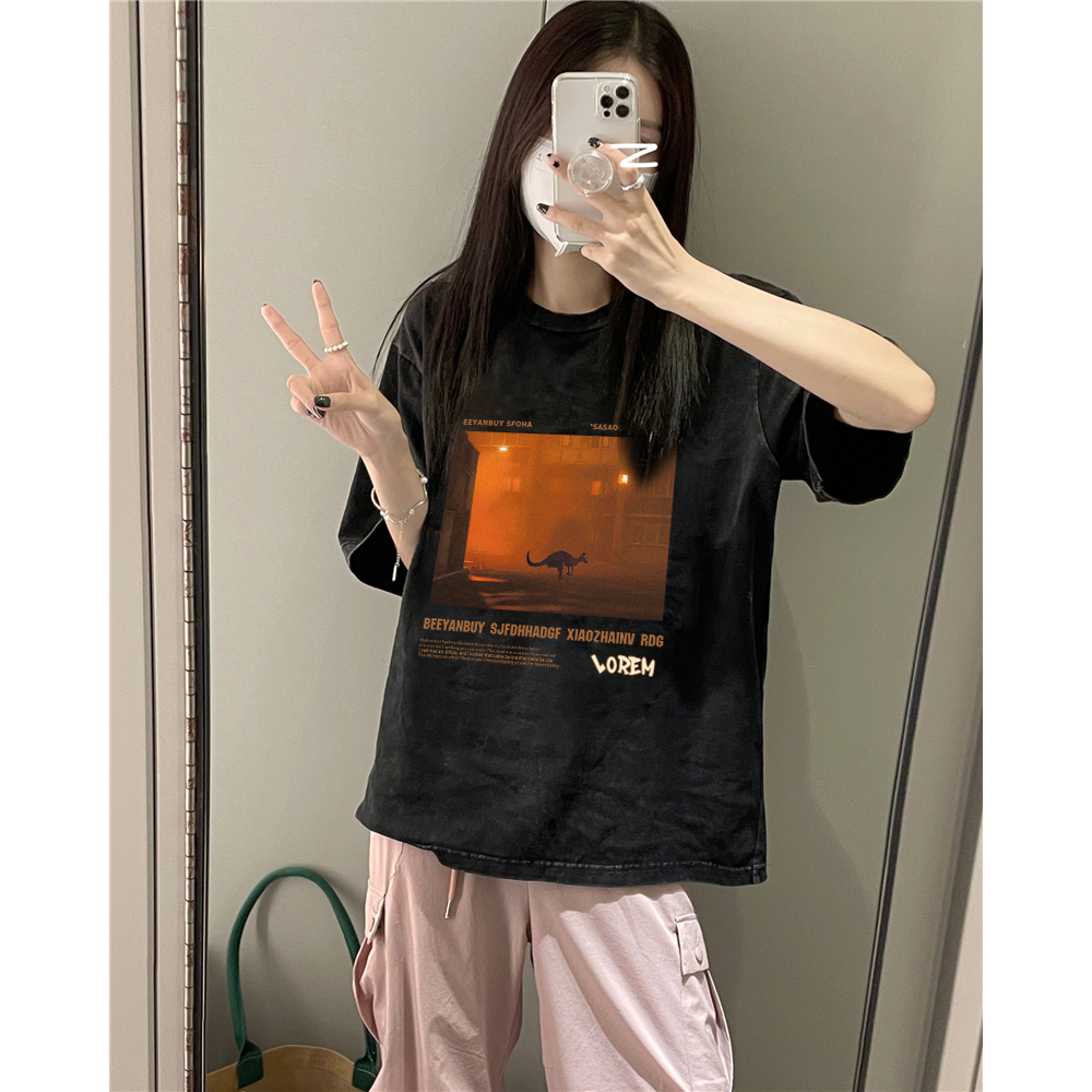 XiaoZhaiNv Kaos Atasan Oversize Wanita Orange Landscape Pattern Lengan Pendek A0865