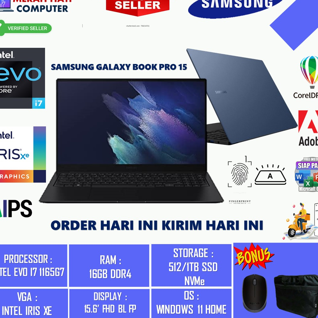 SAMSUNG GALAXY BOOK PRO 15 INTEL EVO I7 1165G7 16GB 512GB IRIS XE 15.6FHD BL FP WIN11HOME BLUE ORIGINAL