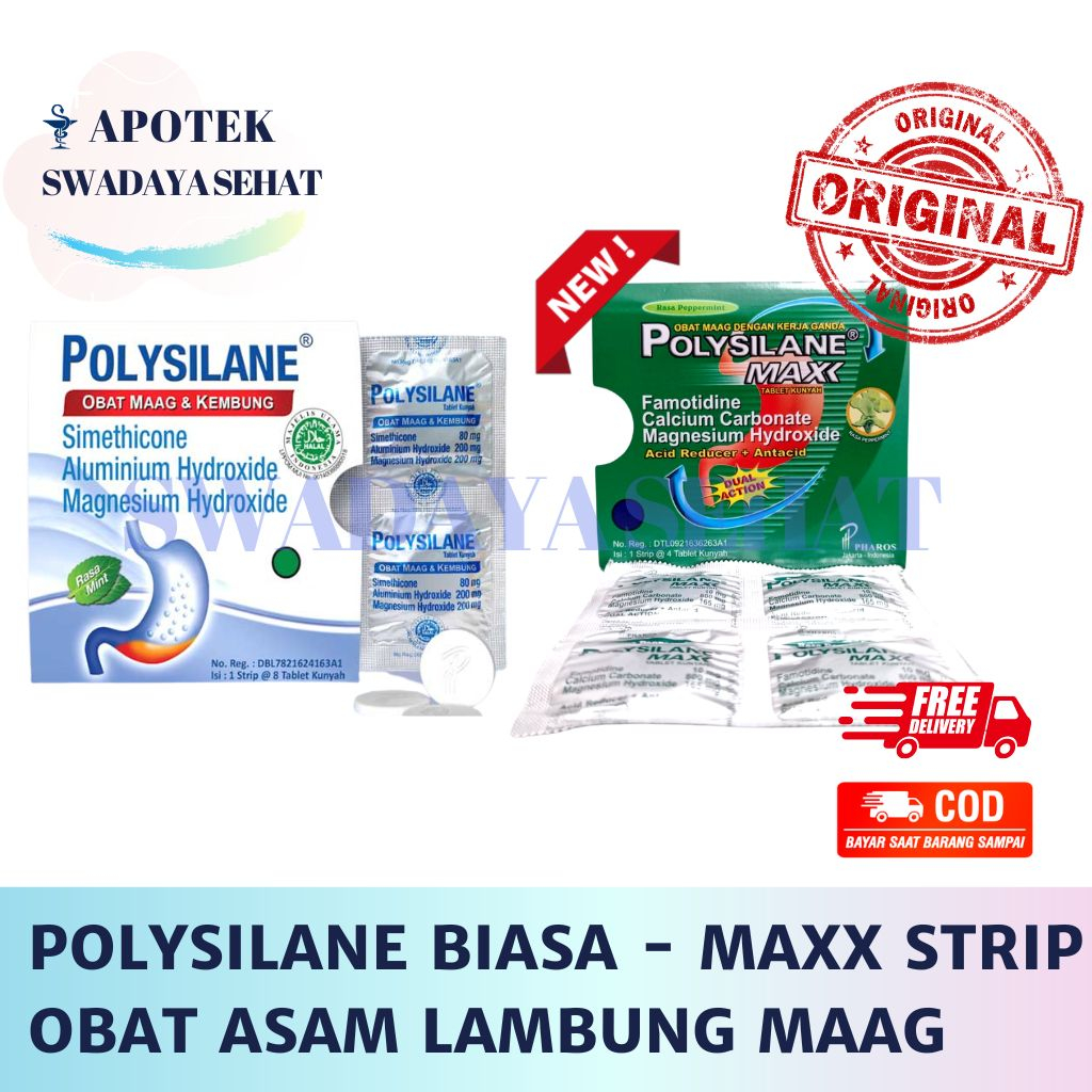 POLYSILANE MAXX - Biasa  STRIP Tablet Kunyah 8 4 Tab - Obat Sakit Maag Nyeri Perut Asam Lambung Kembung Putih Hijau MAX