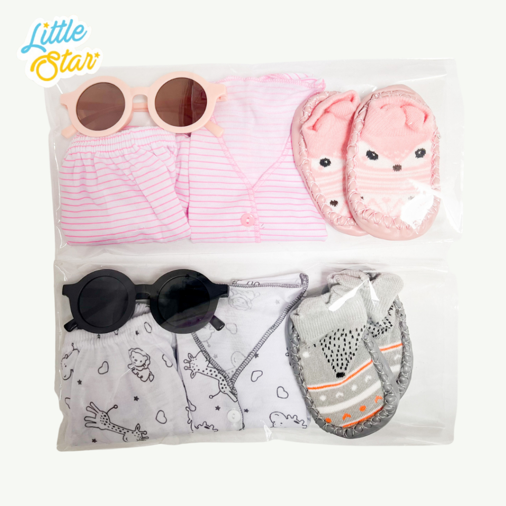 LS 4in1 Set Paket Setelan Baju Bayi Newborn Baby Yukensi Kutungan Tanpa Lengan Prewalker Kacamata Bulat Anti UV