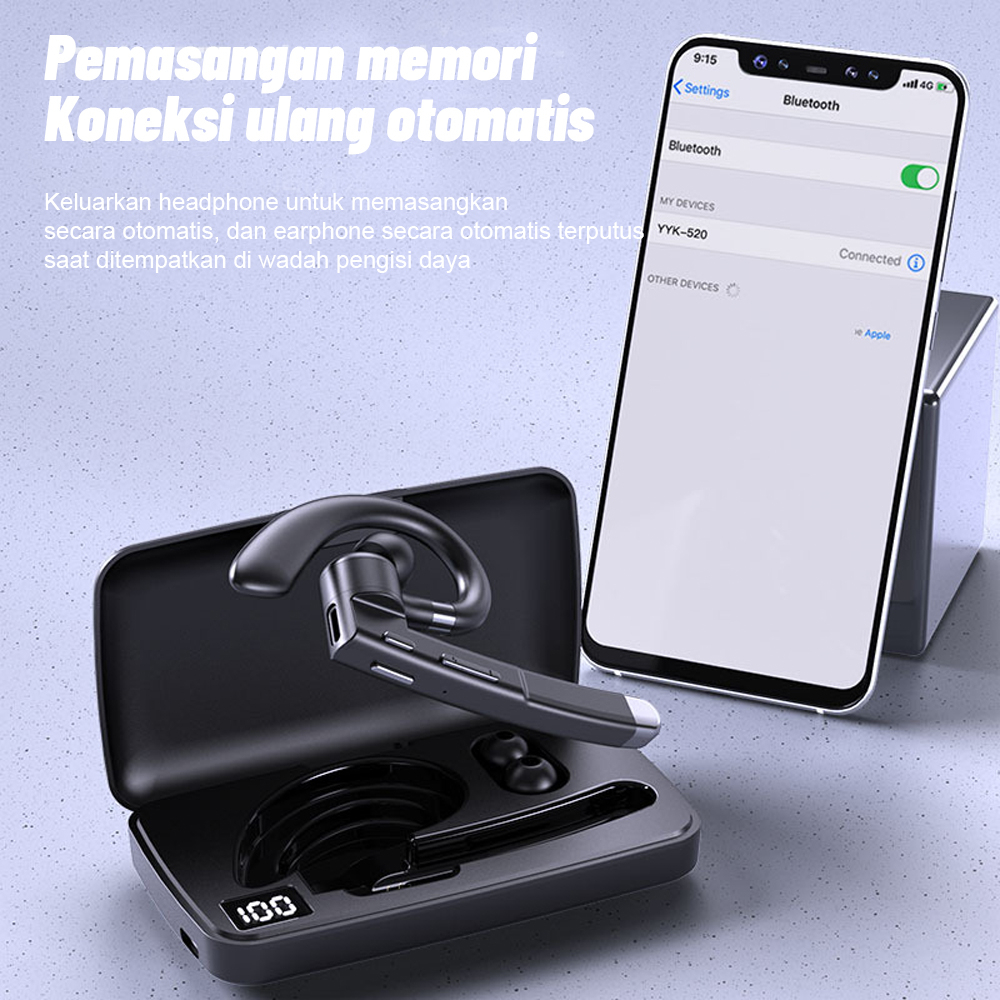 YYK-520/YYK-525 Headset Bluetooth Untuk Ponsel V5.2 Dengan Tampilan Baterai Casing Pengisian Daya Headset Bebas Genggam Mikrofon Bawaan Kompatibel dengan iPhone dan Android