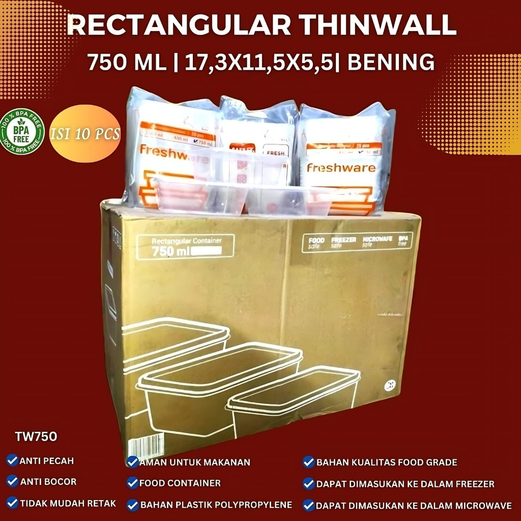 Thinwall Rectangle 750 Ml Food Container (Isi 10 pcs-TW750)